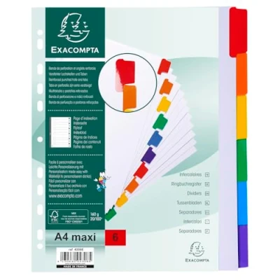 Imagen de Exacompta Ref. 4306E Caja de 20 separadores tarjeta blanca FSC® 160 g/m2 con 6 pestañas neutras en color reforzada y plastificada Página indexación imprimible Tamaño máximo A4
