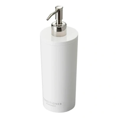 Imagen de YAMAZAKI Home Shampoo Bomba de Botella contemporánea para Ducha Plástico Dispensador, Resina acrilonitrilo butadieno estireno (ABS) Acero Inoxidable, Blanco, Redondo