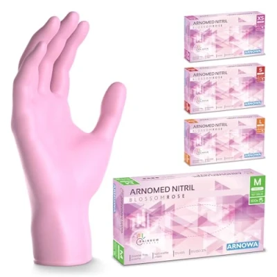 Imagen de ARNOMED guantes nitrilo talla M, rosa, de nitrilo, 100 uds/caja, desechables sin polvo, goma látex, XS, S, M y L