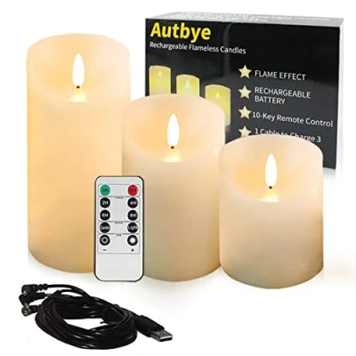 Imagen de Autbye Velas eléctricas sin llama con batería recargable Extra Brillante Marfil Paquete de 3 &quot;5&quot; 6&quot; Cera real goteo Pilares LED Parpadeo Control Remoto 10 teclass