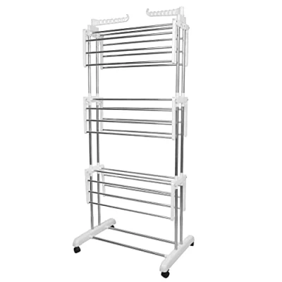 Imagen de RELOVE Tendedero de Ropa Plegable Vertical,Tendedero Tipo Torre Tres Estante con Cuatro Ruedas, Espacio Secado, Capacidad para 15 KG (72 * 64 170cm (Blanco))