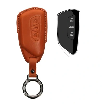 Imagen de kwmobile Carcasa Compatible con Llavero de VW Golf 8 Llave Coche 3 Botones Funda para Mando Cuero Incluye Anillo marrón