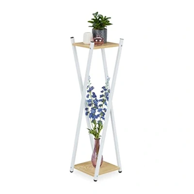 Imagen de Relaxdays Soporte Macetas, 2 Pisos Efecto Madera, Metal, MDF, Taburete Plantas Moderno, 99x29x29cm, Blanco/Marrón Claro, Tablero de Fibras