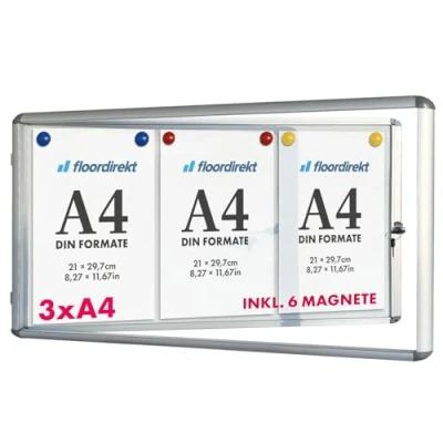 Imagen de Vitrina exclusiva con material de montaje Caja informativa Parte posterior magnética y rotulable Puerta doble cara cerradura cilindro Marco aluminio (para 3 x A4)