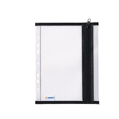 Imagen de HERMA 20029 Carpeta A5 para archivar con cremallera, color negro transparente, bolsillo grande cierre y perforado bolsa de almacenamiento documentos, documentos