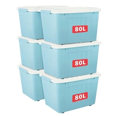 Imagen de Cetomo 80L*6 Cajas de Almacenamiento con Tapas, Contenedores Plástico Ruedas, Clip On, Apilables, Encajables, Organizador Rayado para Oficina en Casa, Azul, 80L 6 Pack