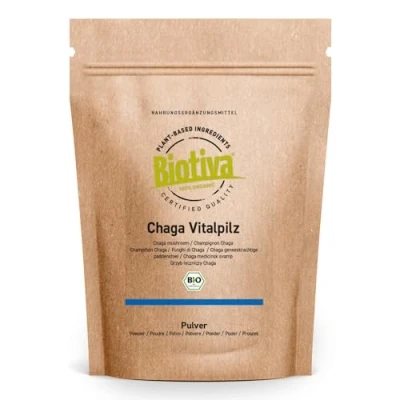 Imagen de Biotiva Polvo de hongo chaga orgánico 125 g colección silvestre certificada setas vitales embotellado y controlado en Alemania