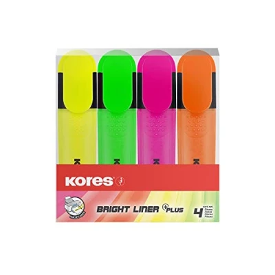 Imagen de Kores Bright Liner Plus: rotuladores fluorescentes, punta biselada y tinta a base de agua, forma ergonómica, material escolar oficina, juego 4 colores surtidos