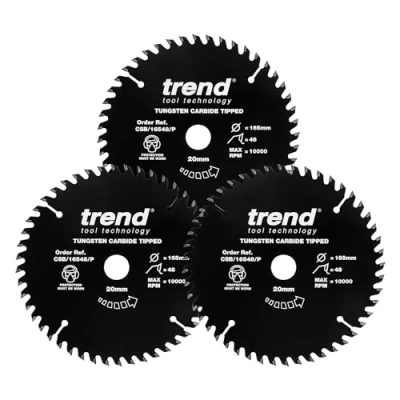 Imagen de Trend CraftPro Hojas de Sierra Recubiertas PTFE Antiadherente TCT, 165mm Diámetro, Eje 20mm, 48 Dientes, Espesor Corte 2,2mm, Paquete 3, CSB/165/3PKAP