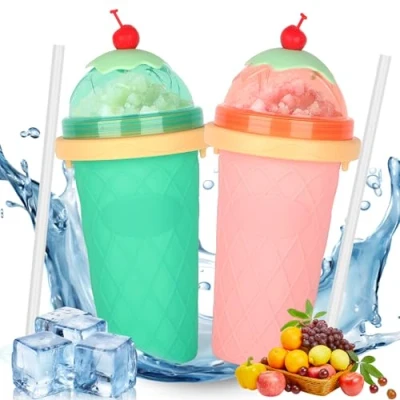 Imagen de 2 Piezas DIY Slushy Maker Cup, Mug Congelado de Silicona, Maquina Granizados Cup con Pajita y Cuchara en 1, Quick Vaso para Hacer Granizado Batido Frutas