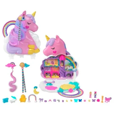 Imagen de Polly Pocket Salón de Belleza Unicornio arcoíris Conjunto Juego y Busto para peinar, minijuguetes, 2 muñequitas, más 20 Accesorios Funciones con Movimiento, HMX18