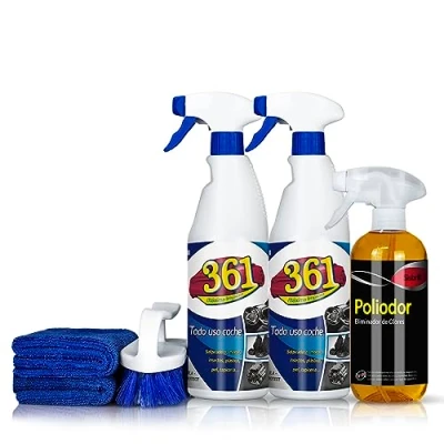 Imagen de Sisbrill Kit Tapicerías. Limpia y desodoriza Sofas de Coche, Alfombrillas, Textil. 2x750 ml 361 + 1x500 Poliodor 1 Cepillo Profesional 2 microfibras.