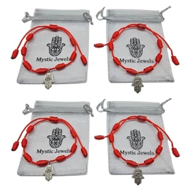 Imagen de MYSTIC JEWELS By Dalia Pulsera Kabbalah cordón de hilo rojo unisex ajustable protección mal ojo, buena suerte, good luck (Mano Fátima y Nudos (4 pza))