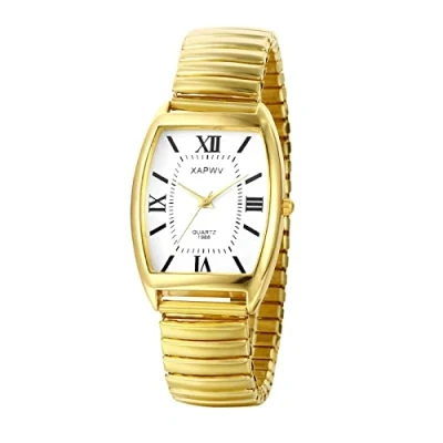 Imagen de JewelryWe Reloj de Cuarzo para Hombre, Hombre Simple Número Romano Escala Tonneau Esfera Cuadrada Fuerte Correa Elástica, Oro