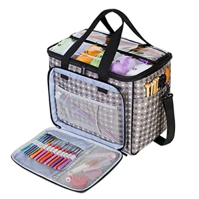 Imagen de Teamoy Bolsa de Ovillos Bolso Crochet Mochila Almacenamiento Tejido en Orden(NO Incluido Accesorios),Pequeño, Puntos Grises