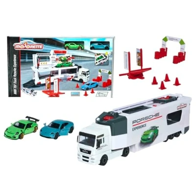 Imagen de Majorette Camión Porsche Experience 27cm, Incluye 2 Coches de Metal 7,5cm, Partes Desplegables y Numerosos Accesorios, Adecuado A Partir 3 Años, Color (212053304)