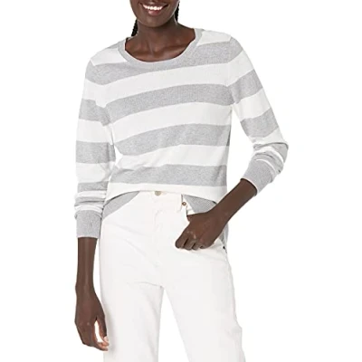 Imagen de Amazon Essentials Jersey de Cuello Caja Ligero Manga Larga (Disponible en Tallas Grandes) Mujer, Gris Claro Mezcla Rayas, L