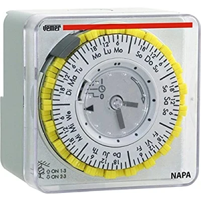 Imagen de VEMER VP885800 Temporizador/Interruptor Horario Electromecánico, Programación Semanal, Instalación en Pared, Panel o Carril DIN, Gris Claro