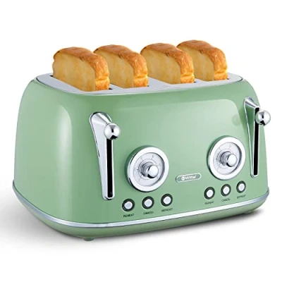 Imagen de Wiltal Tostadora retro de 4 rebanadas, carcasa acero inoxidable, con accesorio integrado para panecillos, tapa, grado tostado 1 6, función descongelación, bandeja recogemigas