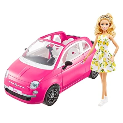 Imagen de Barbie con su Coche Fiat Muñeca Rubia Vestido de Moda y vehículo Rosa Juguete, Regalo para niñas niños +3 años (Mattel HGV03)