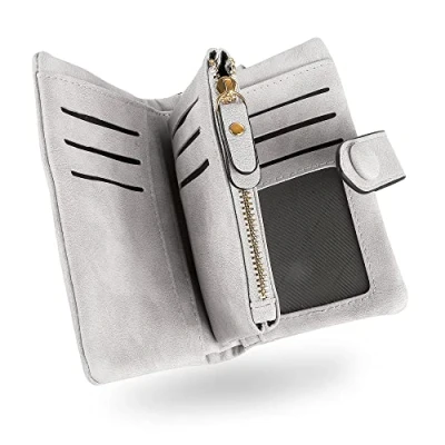 Imagen de conisy Cartera Mujer Pequeña con protección RFID, Gran Capacidad Corta Monedero de Suave Cuero Correas Muñeca (Gris)