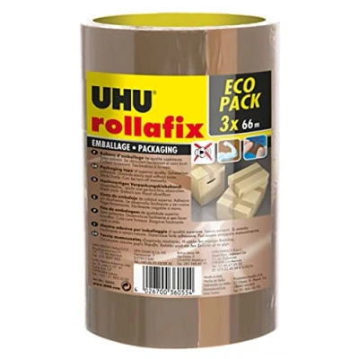 Imagen de UHU Rollafix cintas adhesivas de embalaje marrón, lote 3 66 m x 50 mm