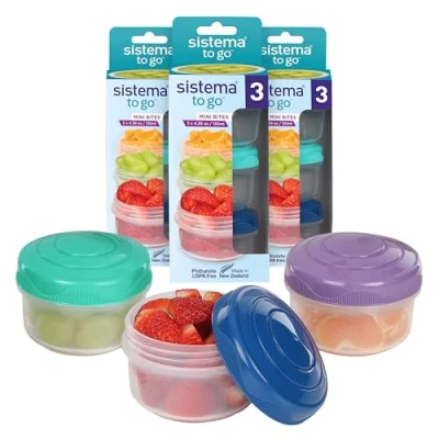 Imagen de Sistema Snack Pots Mini Bites TO GO 130 ml Fiambreras apilables con tapa para aperitivos Sin BPA Tapas verde, rosa y azul 9 unidades