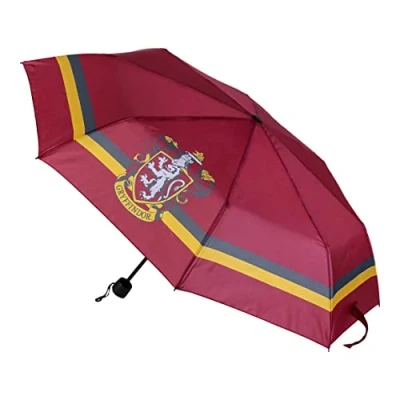 Imagen de Paraguas Plegable de Harry Potter Color Granate con el Logo Gryffindor Apertura Manual Elaborado en 100% Poliéster Estructura Fibra Vidrio Producto Original Diseñado España