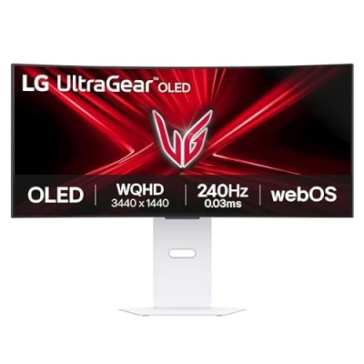 Imagen de Monitor gaming LG 34GX90SA W, 34&quot; WQHD 4K, 240 Hz, 0.03 ms, OLED curvo 800R, AMD FreeSync™, USB C, Altavoces integrados, Altura ajustable, Blanco