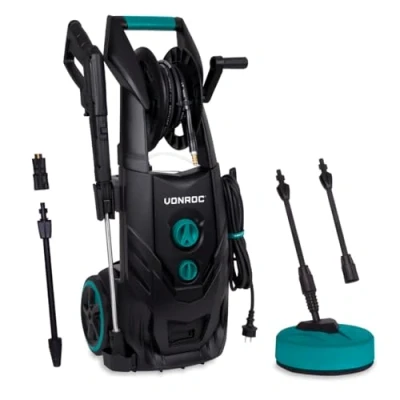 Imagen de VONROC Pro Hidrolimpiadora V25 2 2500W 195 Bar 468 l/h Motor de inducción Duradero Incluye Manguera 8m, Carrete Manguera, Limpiador Patios, depósito detergente y más