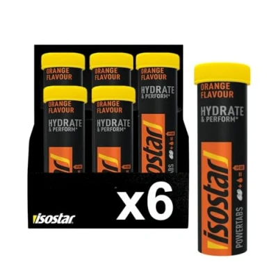 Imagen de Isostar Hydrate &amp; Perform Powertabs Preparado para Bebida de Aporte Glúcidos y Electrolitos, Sabor Naranja, Fórmula Isotónica, Resistencia en Entrenamientos Prolongados, 120g (10x12g), 6 Unidades