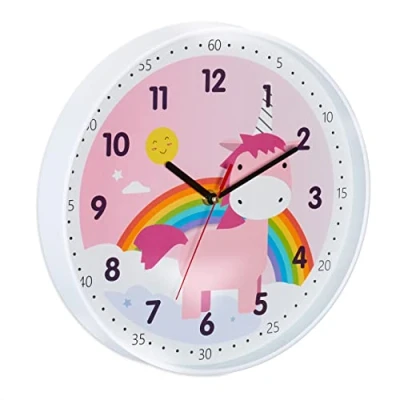 Imagen de Relaxdays Reloj Pared Unicornio, Esfera con Números, Habitaciones Infantiles, 30cm, Plástico, Multicolor, Aluminio, 30 x 4,5 cm