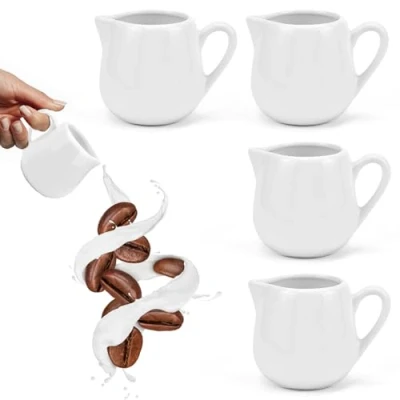 Imagen de SLTAXAR Mini Jarra de Leche, 4 Piezas Leche Ceramica 220ml, Pequeña con Asa, Porcelana Blanca, Lechera para Capuchino Espresso Latte Art