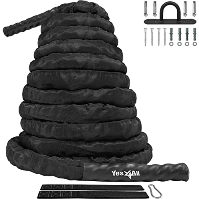Imagen de Yes4All cuerda de combate, entrenamiento para ejercicios combate con funda protectora anclaje acero y correa incluidos, 38mm/50mm diámetro Poly Dacron 9m/12m/15m longitud