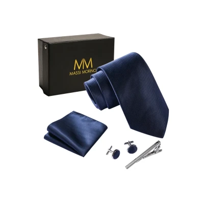 Imagen de Massi Morino Corbatas de hombre Azul Oscuro y pañuelos con gemelos, clip corbata set Intenso Accesorio traje modernas para boda