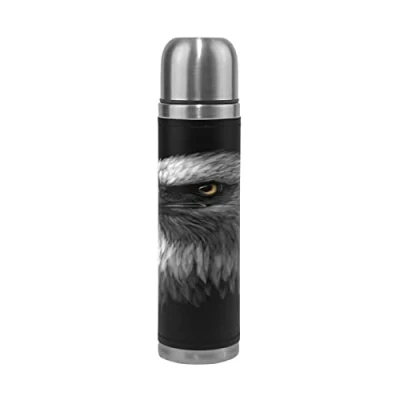 Imagen de KAAVIYO Águila Animal Blanco Negro Termo Botella de Agua Aislamiento Acero Inoxidable 500ml Cuero Envuelto Termica Botellas Taza para Cafe Viaje Deporte