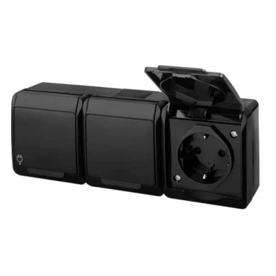 Imagen de asvendo Elektro HERMES interruptor de luz, doble, enchufe múltiple, protección IP44, resistente al agua, para exteriores, color negro (3 enchufes)