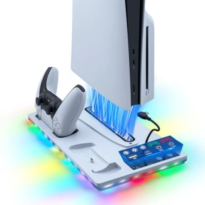 Imagen de Tolesum Soporte para PS5/PS5 Slim, Ventilador de Refrigeración 3 Velocidades, Cargador Controlador PS5 con Indicador RGB, Estación Carga Slim Digital/Disc Edition 2 Puertos USB Blanco