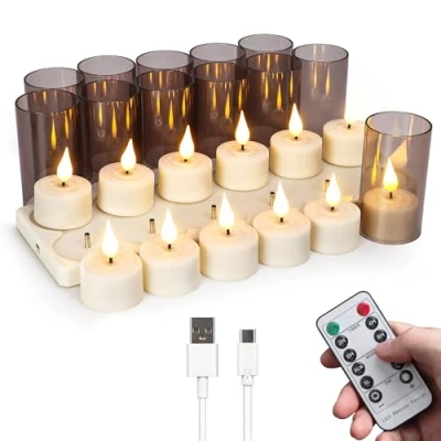 Imagen de yunsheng velas de té recargables sin llama con temporizador y estación carga mando a distancia, 12 unidades, recargables, funcionan pilas, eléctricas parpadeantes para decoración del