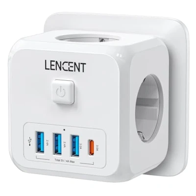 Imagen de LENCENT Cubo Enchufe USB 7 en 1, Ladron Enchufes 4000W, Múltiples Pared con 3 Tomas de CA, USB, 1 Tipo C y Interruptor, Cargador para Oficina, Cocina Habitación