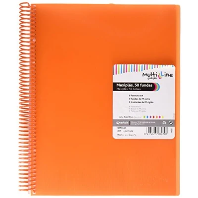 Imagen de Grafoplás Carpeta 50 Fundas Transparentes A4 Color Naranja Espiral PVC Tapas Polipropileno Gomas de Cierre Maxiplás Multiline