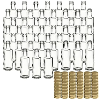 Imagen de gouveo Juego de 48 botellas cristal 40 ml Dorica con tapón rosca dorado Mini Botella 0,04 L para rellenar licor, aceite o manualidades