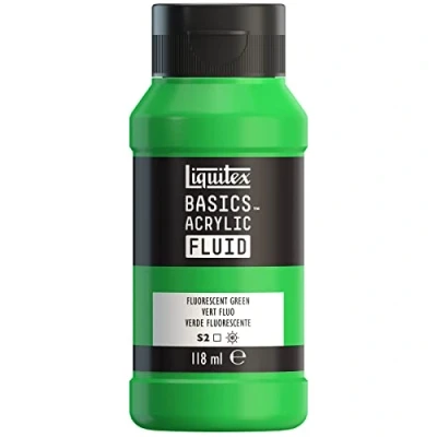Imagen de Liquitex Basics Fluid Pintura acrílica de consistencia fluida, secado rápido, resistente a la luz, impermeable, acabado satinado permanente, bote 118 ml, verde fluorescente