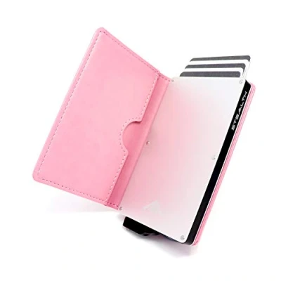 Imagen de Stealth Wallet Cartera Delgada, Ligera y Minimalista con Tarjetero de Credito Carteras Emergentes Seguras Tarjeteros Bloqueo RFID/NFC Caja Regalo (Aluminio Plata Cuero Rosa)