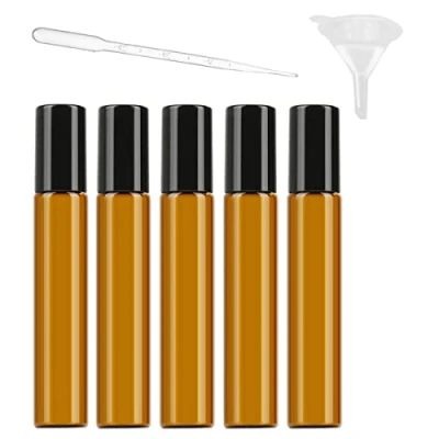 Imagen de 5 botellas de aceite esencial 10 ml, rellenables vidrio ámbar marrón con bolas acero inoxidable, incluye 1 embudo y pipeta plástico