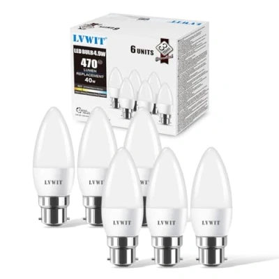 Imagen de LVWIT Bombillas C37 LED B22, 470 lúmenes 5W Equivalente a 45W, Luz Blanca Cálida 2700K, No regulable Pack de 6 Unidades.
