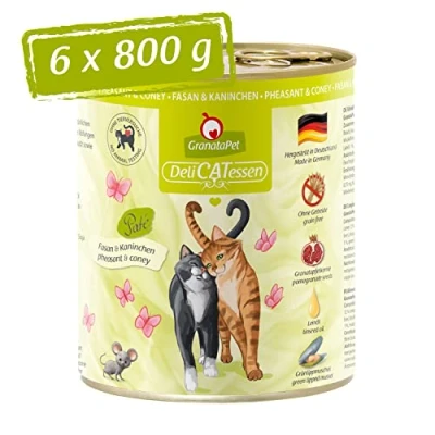 Imagen de GranataPet Delicatessen Faisán y Conejo Comida Húmeda para Gatos, Gatos Gourmets, Alimento Sin Cereales Azúcares, 6 x 800 g