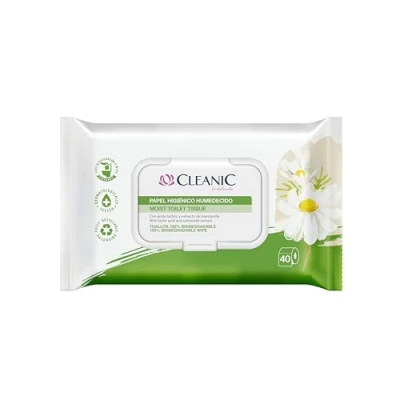 Imagen de Cleanic Papel Higiénico Hidratado 40 Piezas con Extracto de Manzanilla Desechable Toallitas Humedecidas para Limpieza Íntima Apto Pieles Sensibles