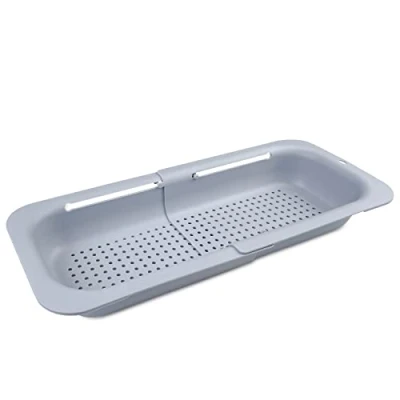Imagen de Fousenuk Colador Sobre el Fregadero (36 49cm), Escurridor de Cocina, Cesta Filtro Extensible con Agujeros, Bandeja Para Escurrir Pasta Cocida, Lavar Verduras y Frutas (Gris)