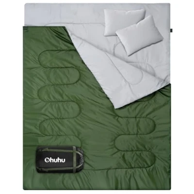 Imagen de Ohuhu Saco de Dormir Doble Enorme 220x150cm con 2 Almohadas y una Bolsa Transporte, Cuatro Tiradores la Cremallera Temperatura Cómodo: 0 C 10 (Verde)